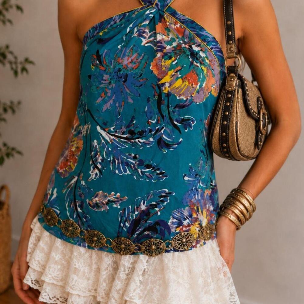 Y2K Fairy Boho Tahari Teal Floral Cross-Neck Halter Top